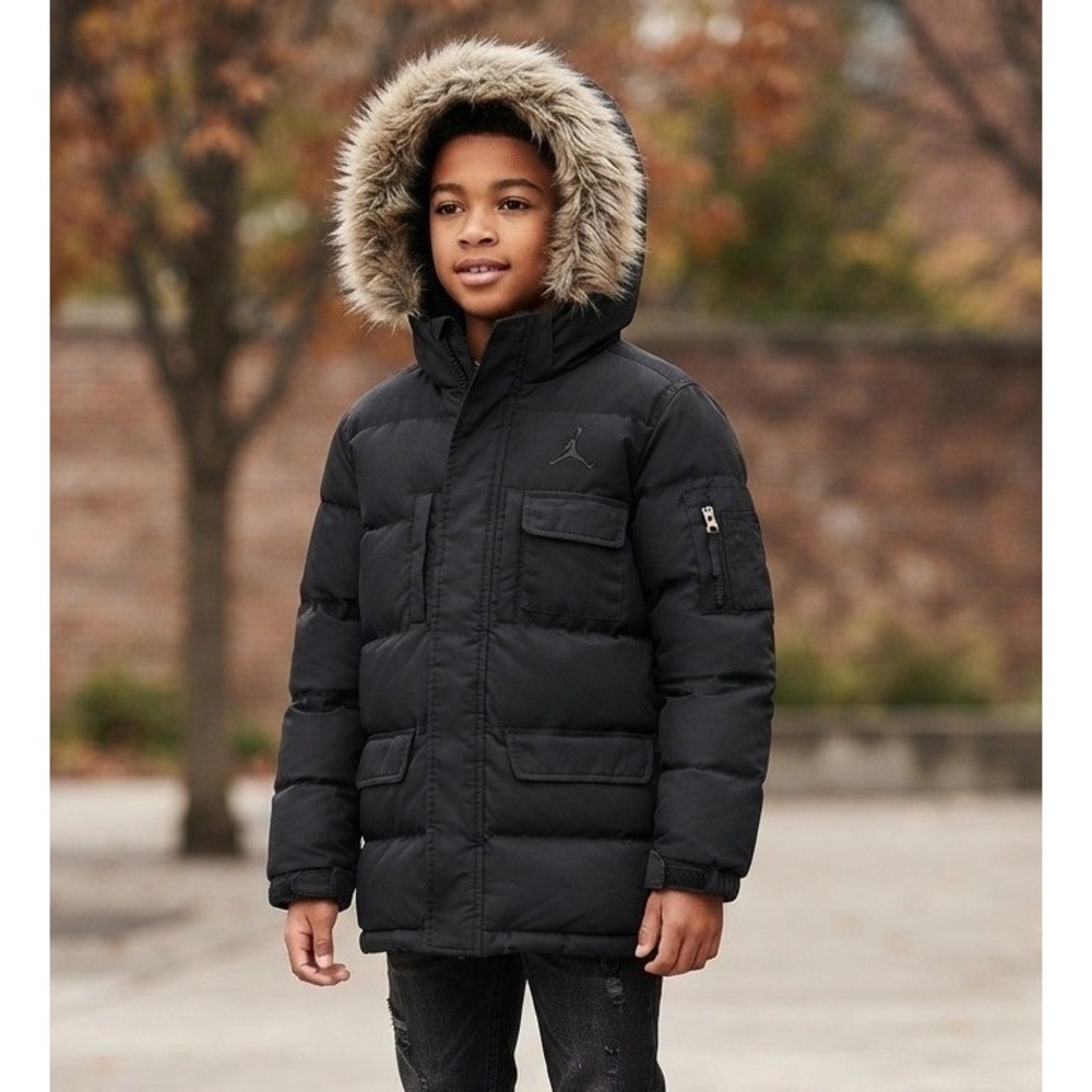Jordan Boys Puffer Parka Jacket Faux Fur Hood Large 14/16 Black Full Zip Winter